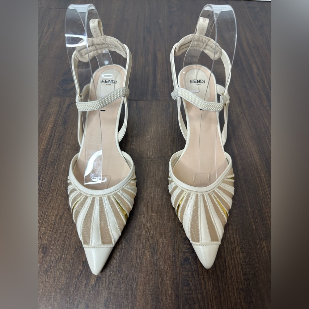 Fendi Leather And Mesh High-heeled Slingbacks In Blanc - Picture 4 of 15